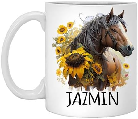 Horse Sunflower Personalized Coffee Mug, Custom Watercolor Mug with Name, Gift for Her, Birthday Gift Name Jazmin 11oz White Mug 11oz White Mug Name