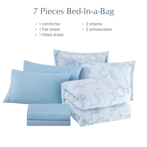 Image of Queen Comforter Set - 7 Pieces Bow Jacquard Bed in a Bag Queen Bedding Set | Cottage Core Queen Bed Set for Girls, All Season Bed in a Bag with Comforter, Sheets, Pillowcases & Shams, Light Blue