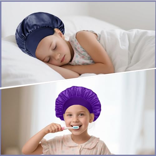 3PCS Kids Bonnets for Girls, Satin Silk Bonnet for Kids, Soft Wide Band Sleep Cap Toddler Bonnet Shower Caps(Black, Blue, Purple) 5