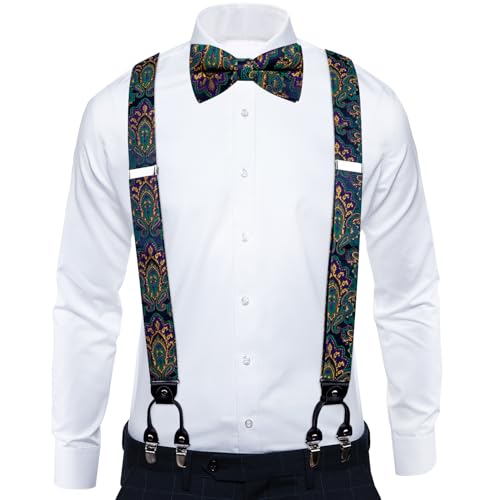Image of DiBanGu Paisley Bow Tie and Supenders for Men Tuxedo Heavy Duty 6 Clips Suspender Adjustable Y-Shape Mens Trouser Braces