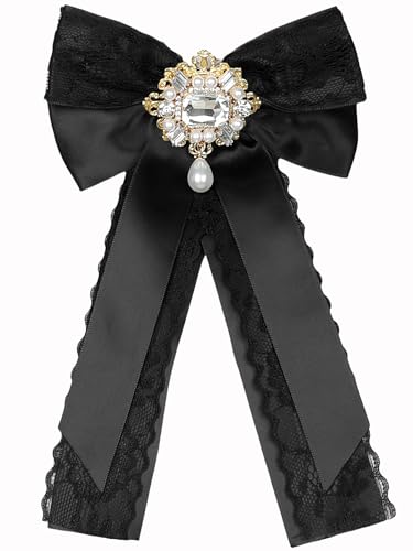 Image of Women's Black Lace Trimmed Ribbon Bowtie with Rhinestone Pre-tied Necktie