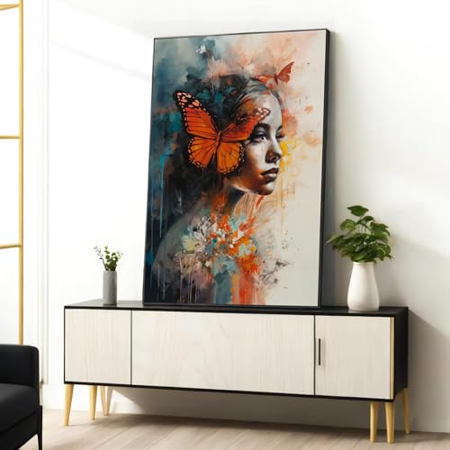Décoration murale Femme au papillon orange, grande affiche sur toile de peinture abstraite