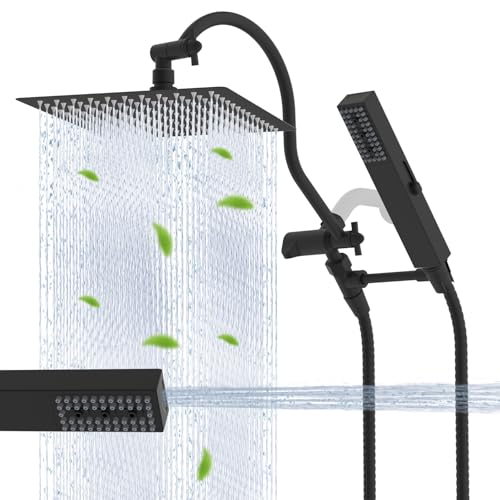 Hibbent All Metal cUPC Certified Shower Head, 12'' High Pressure Rainfall Showerhead Combo, Handheld Shower Wand, 12'' Adjustable Extension Arm, 4-Spray, 71'' Hose, Brass Shower Holder, Matt