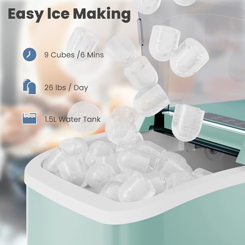 Image of DUMOS Countertop Ice Maker with Handle, 26lbs /24H Portable Ice Machine | 9 Bullet Cubes Ready in 6 Mins, Self-Cleaning, Quiet Compact for Home, Kitchen, RV, Camping, Green