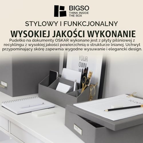Bigso Box of Sweden OSKAR Pudełko na dokumenty A4, broszury itd. – półka na biurko z pokrywką i uchwytem – pudełko do przechowywania z płyty pilśniowej i papieru – szare