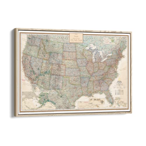 Image of Executive United States Map with Pins - Detailed National Geographic USA Canvas Travel Tracker - Extra Large Framed Wall Art - Natural Float Frame - 34 inch x 51 inch