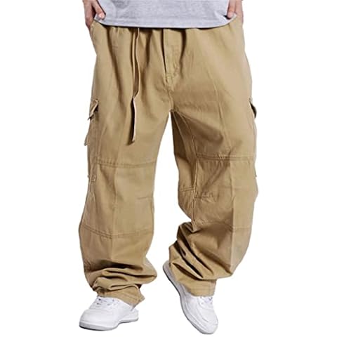 Darabun Men's Cargo Casual Cotton Work Trousers Mens Loose Fit Multi-Pocket Pants Outdoor Camping Hiking Long Pants Yellow Cover