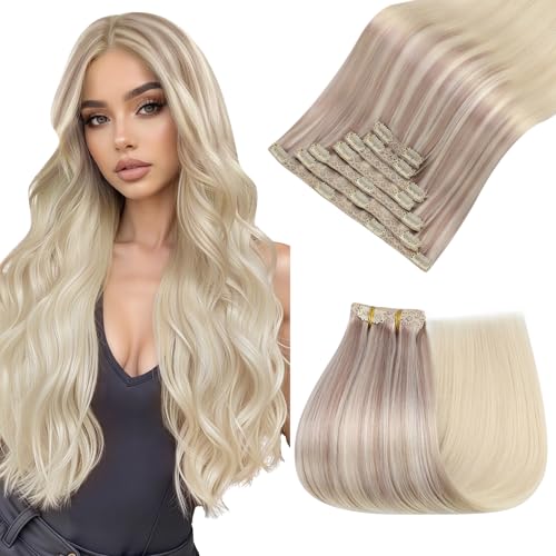 Image of Easyouth Clip in Human Hair Extensions Highlight Real Human Hair Extensions Clip ins Ash Blonde to Platinum Blonde Balayage Clips in Real Hair Extension for Women 20 Inch 7Pcs 120G