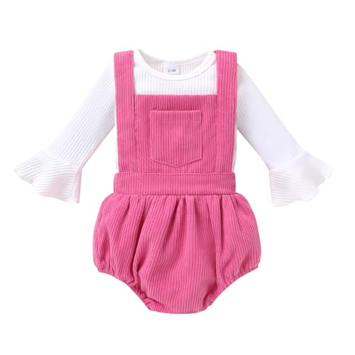 Image of Tiny Cutey Newborn Baby Girl Clothes Bell Sleeve Romper and Corduroy Overalls Shorts Infant Girl Fall Outfits