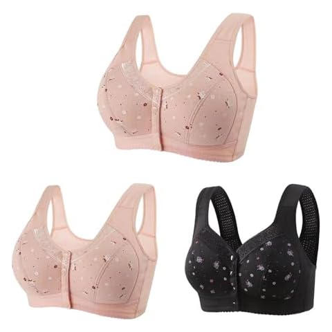 Plus Size Bra for Women 3 Piece No Underwire Soft Supportive Everyday Bras Floral Printing Front Closure Underwear Pink Cover