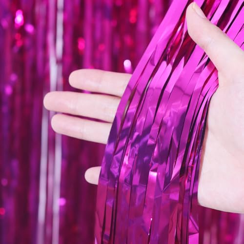 Image of Voircoloria 2 Pack Pink Foil Fringe Backdrop Curtains, Tinsel Streamers Birthday Party Decorations, Fringe Backdrop for Graduation, Baby Shower, Gender Reveal, Disco Party