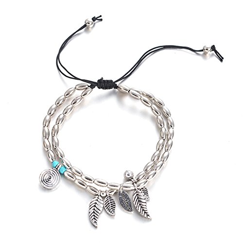 Preisvergleich Produktbild Homeofying Boho Doppelschichten Mutter Brief Geschnitzte Blätter Sandale Barfuß Fußkettchen Armband Boho Strandurlaub Urlaub Fußkettchen Für Frauen Antikes Silber
