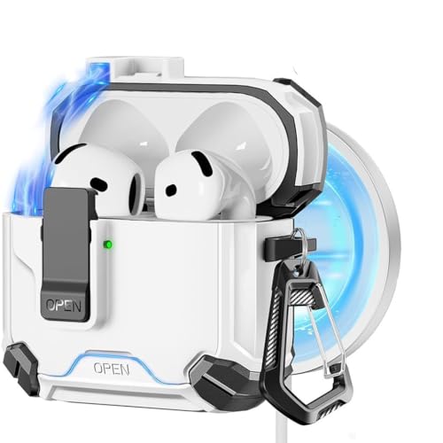 Image of ZORBES AirPods 4th Generation Case Compatible with Magsafe | Secure Lock, with Phone Stand & Cleaning Kit, Flip Lid Protection, White TPU, Carabiner Carry Clip for AirPods 4 Case Cover