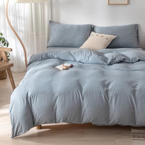 DOUH 3 pcs 100% Jersey algodón juego de funda de edredón, sólido patrón funda de edredón con cierre de cremallera y 4 esquina lazos, sobre fundas de almohada juego de ropa de cama - Suave y cómodo