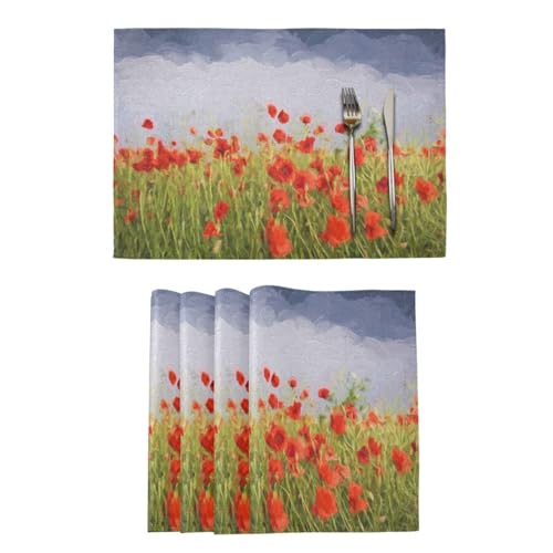 Lot de 6 sets de table Motif coquelicots Peinture à l'huile Facile à nettoyer Lavable