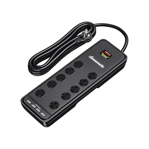 DEWENWILS 10-Outlet Surge Protector Power Strip with 4 USB Ports, 15 FT Long Extension Cord, Right Angle Flat Plug, 2480J Surge Rating 15AMP Circuit Breaker, Wall Mountable, UL Listed Black
