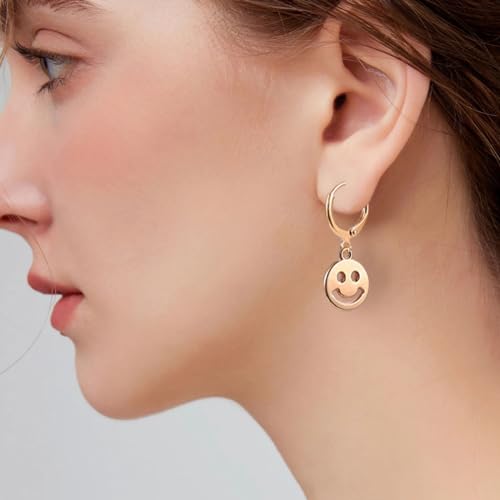 Image of Smiley Face Earrings Huggie Hoop Y2K Preppy Happy Lightning Bolt Heart Star Small Dangle Colorful Gold White Red Pink Yellow Blue Jewelry