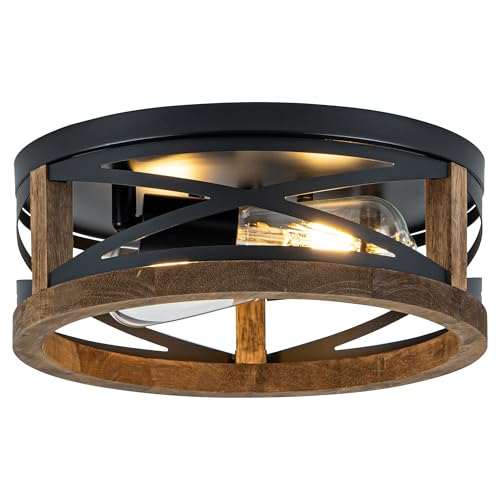 Lzglyptics Farmhouse Ceiling Light, 2-Light Round Flush Mount Ceiling Light with Wood and Metal Frame, Black Rustic Light Fixture for Hallway, Entryway, Bedroom, Kitchen