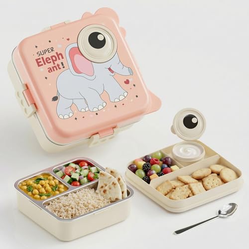 Image of Kids Lunch Box for School, Stainless Steel Insulated Tiffin Box with Spoon, Leak Proof 3 Compartments Bento Box, BPA Free Food Grade Lunch Box for Kids, 1120 ml + 70 ml (Pink, Super Elephant)