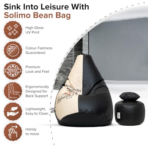 Image of Amazon Brand - Solimo Premium Faux Leather Bean Bag Combo with Footrest & Cushion, Filled with Beans | Capacity: Upto 6 Ft 3 in Height, 120 KG Weight | 3XL | Do Not Disturb | Black