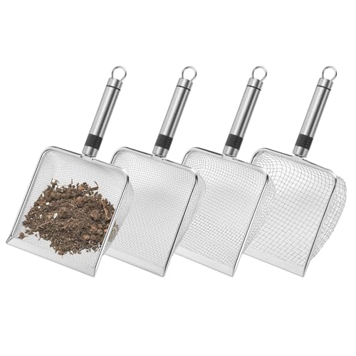 Jvjggag Setaccio da giardino, 2 mm, 2,8 mm, 3,8 mm, 5 mm, terreno in rete per il giardinaggio, paletta portatile in acciaio inox, paletta per lo sporco, set di 4 pezzi, robusto e compatto