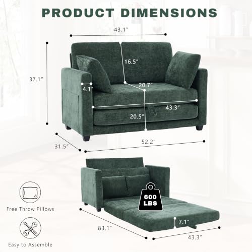 Image of 52 inch Loveseat Sleeper Sofa Bed,2 in 1 Convertible Floor Sofa Bed for Small Spaces,Pull Out Couch with Deep Seat,2 Pillows and Solid Frame Floor Couch for Living Room,Apartment (Green)