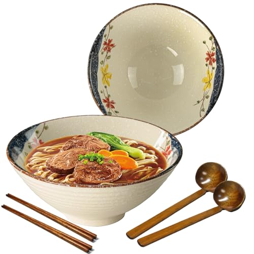 mehrido Ensemble de bols à ramen en céramique, 2 ensembles de 1,2 litres - Grands bols à nouilles japonaises avec cuillères et baguettes pour soupe, udon, soba, pho, nouilles asiatiques, salade de
