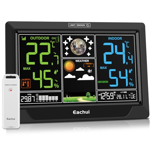 Eachui Wetterstation Funk mit Außensensor Großes Farbdisplay Funkwetterstation mit Wettervorhersage DCF Funkuhr Innen und Außentemperatur und Luftfeuchtigkeit Barometer Netzbetrieben（Schwarz）