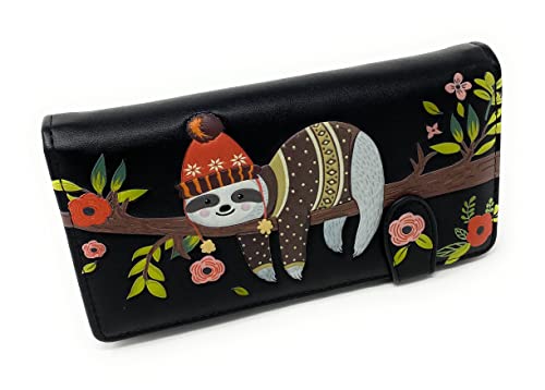 Shag Wear Chillin Sloth Large Animal Wallet for Women and Teen Girls Vegan Faux Leather Black 7