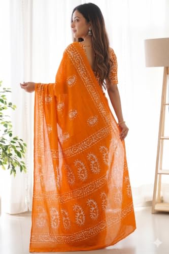 Image of Women's Pure Cotton Printed Saree with Traditional Batik Inspired Border Design, Soft Lightweight Daily Wear Saree with Unstitched Blouse Piece for Festive, Casual and Office Wear