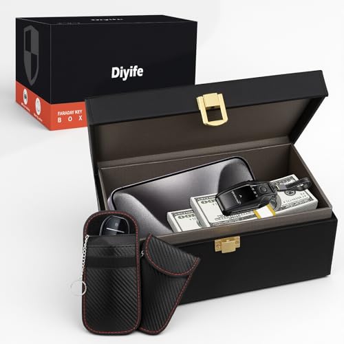 Diyife Extra Large Faraday Box, RFID Box for Car Keys with Pouch, Faraday Cage Key Fob Protector, Carbon Fiber Signal Blocker for Keyless Fob, Anti Theft Faraday Bags for Car Keys, Phones