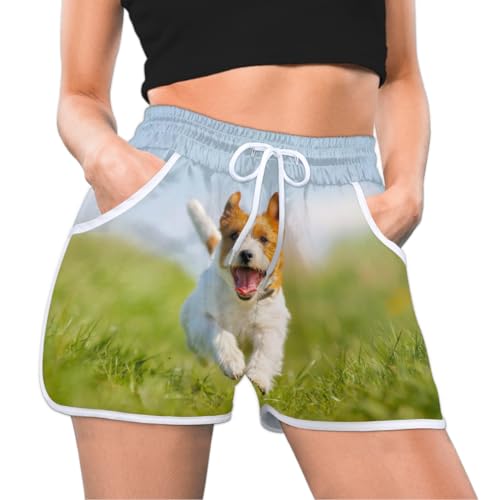 Happy Corgi Dog Damen-Shorts mit Taschen, süße Hundesporthose, bequeme Strand-Shorts, Fitnessstudio, Yoga, Laufen, lässig, Sweat-Shorts, farbig, S