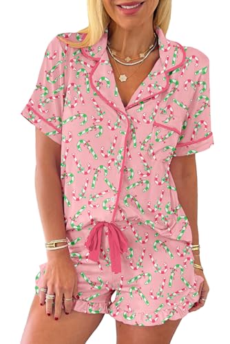 KevaMolly Womens Christmas Lounge Sets Pink Christmas Candy Cane Print Pocketed Knotted Lounge Set Short Sleeve Xmas Top and Shorts 2XL