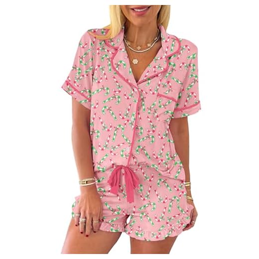 31+ Creative Friendsmas Party Ideas You’ll Love 3 KevaMolly Womens Christmas Lounge Sets Pink Christmas Candy Cane Print Pocketed Knotted Lounge Set Short Sleeve Xmas Top and Shorts M