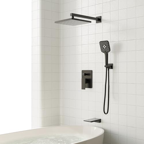 Image of Gabrylly Shower System with Tub Spout, Wall Mounted Tub Shower Faucet Set for Bathroom with High Pressure 10 inch Rain Shower head and 3-Setting Handheld Shower Head Set,Matte Black