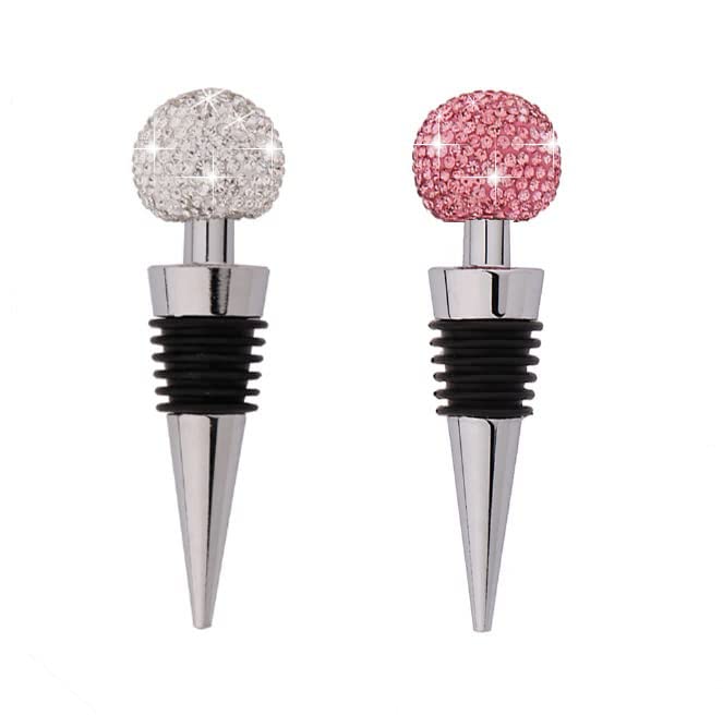 2 pack GSRYPC Bling Bling Decorative Crystal Diamond Wine Stopper,Zinc Alloy Silicone Crystal Wine Toppers Stopper Wine Set Accessories For Gifts, Bar, Holiday Party, Wedding(Silver+pink)