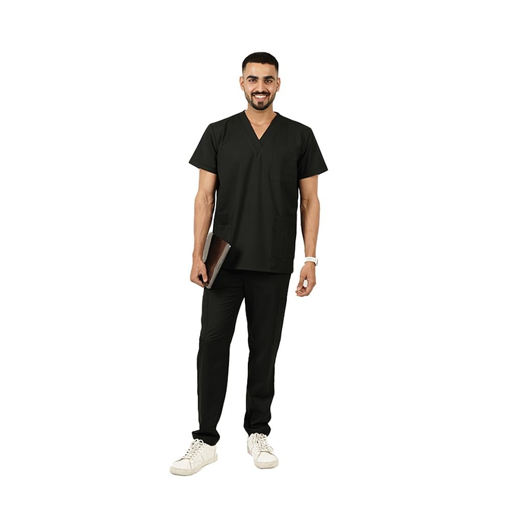 POLARIS MEDIFABRICS Mens 5-Pockets 4Way Lycra Scrub Suit | Set of Top & Bottom | Overlap | Uniform for Doctors, Nurses and Dentists, Black (XL) (B0D1G6MXDT) Amazon Price History, Amazon Price Tracker