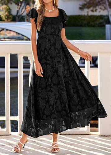 Image of KIRUNDO Bridesmaid Wedding Guest Formal Dresses for Women | Elegant Summer Maxi Dress, Lace Floral Prom Party Cocktail Dress, Smocked Bust, Tie Back, Split A Line Swing, With Pockets
