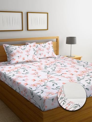 Image of Blue Strip Polycotton Fitted Bedsheet, King 72x78 (Pink Leaves) | 300 TC | All-Round Elastic Grip | Soft, Breathable & Colourfast | Wrinkle Resistant | Machine Washable