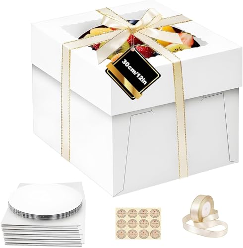 LYSHOOCE 5 Sets Torten Transportbox mit Sichtfenster 30 × 30 × 20 cm, inklusive 5 Cake Board, Band und Aufkleber für Torten bis 30 cm Durchmesser