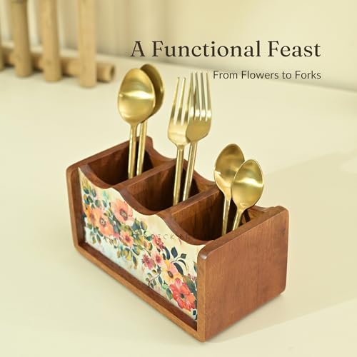 Image of Brick Brown Premium Wooden Pastel Flora Cutlery Holder Spoon stand for kitchen | cutlery holder for dining table | wooden caddy storage organiser stand with 3 section Caddy holder (8.2x4.2x4 inch)