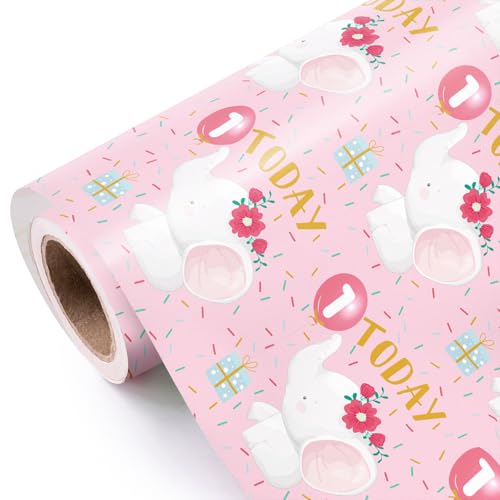 WRAPAHOLIC 1st Birthday Wrapping Paper Roll - Mini Roll - 17 Inch x 9.8 Feet - Adorable Elephant and 1 Today Lettering Design, Perfect for Birthday, Party, Holiday