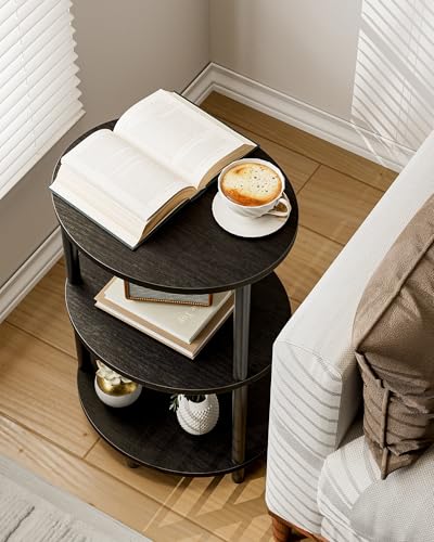 Image of Small Round Side Table - 3-Tier Oval Accent Table for Small Spaces, Rustic Wood and Metal Couch End Table, Nightstand for Bedroom or End Table Living Room, Easy to Assemble, Charcoal Wenge