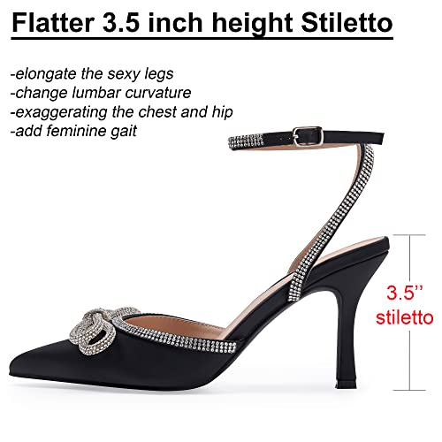 Ainrock Women's Rhinestone Bow Heels Sparkly Wedding Closed Pointed Toe High Sexy Satin Stiletto Ankle Strap Pumps Bridal Dress Heeled Sandals Black Size 5.5 #TOP2