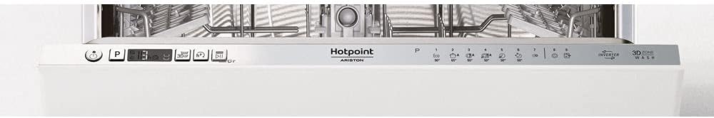 Close-up of Hotpoint HIC 3C41 CW dishwasher control panel with buttons and indicators