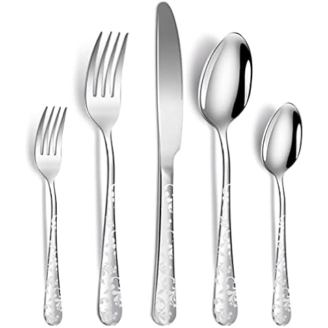 XIAOYU 5 Piece Stainless Steel Flatware Set, Silverware Cutlery Set, Include Knife/Fork/Spoon, Unique Pattern Design, Dishwasher Safe, Silver Cover