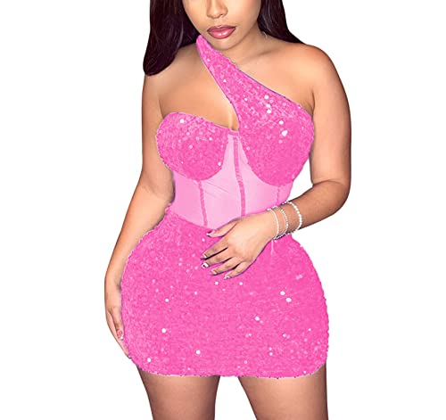 Women's Sexy Elegant Rhinestone Bodycon Dress Party Club Night Outfit Hot Drilling Clubwear Pink XL