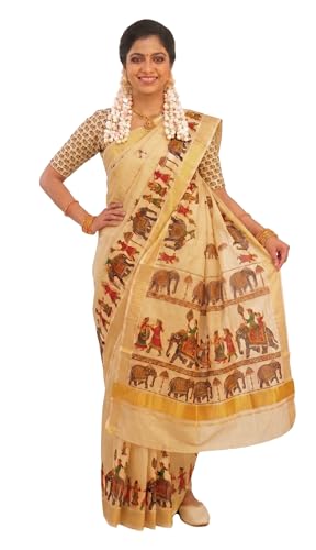 Image of Women's Mural Printed Kerala Gold Tissue Saree with Running Blouse Piece | Traditional South Indian Ethnic Saree for Festivals, Weddings & Special Occasions