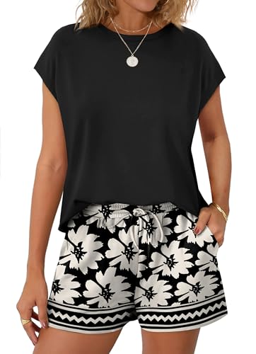 Image of WIHOLL Two Piece Sets for Women Summer Crew Neck Lounge Short Sets Cap Sleeve Drawstring Sweatsuit with Pocket