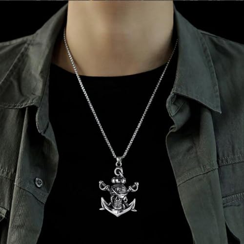 PINK TOWN Gothic Pirate Skull Pendant Necklace With Skull Head, Ship Anchor, Double Sword - Stainless Steel For Men & Women2